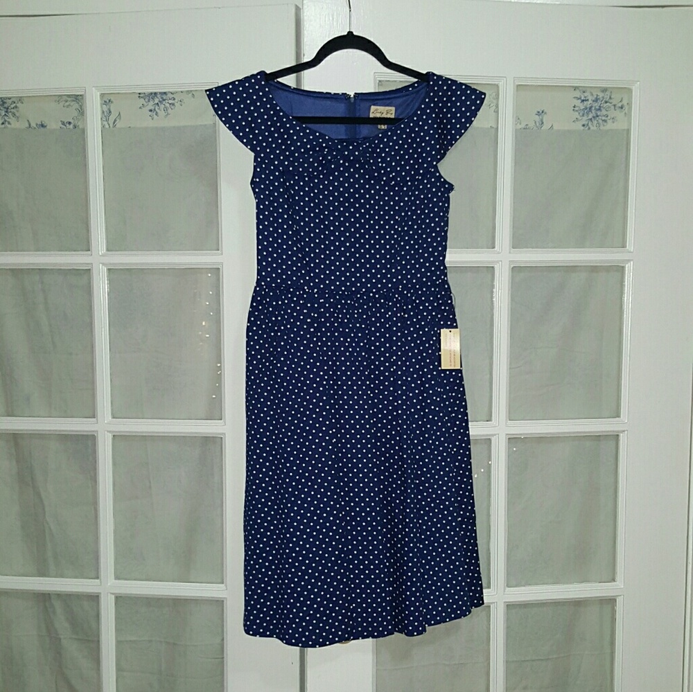 Lindy Bop Navy blue and white polka dot dress